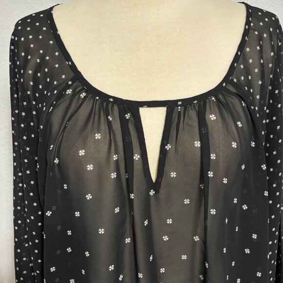Old Navy Sheer Black Blouse Women’s XXL Long Sleeve Boho Peasant Top Ditsy Print - Picture 2 of 13